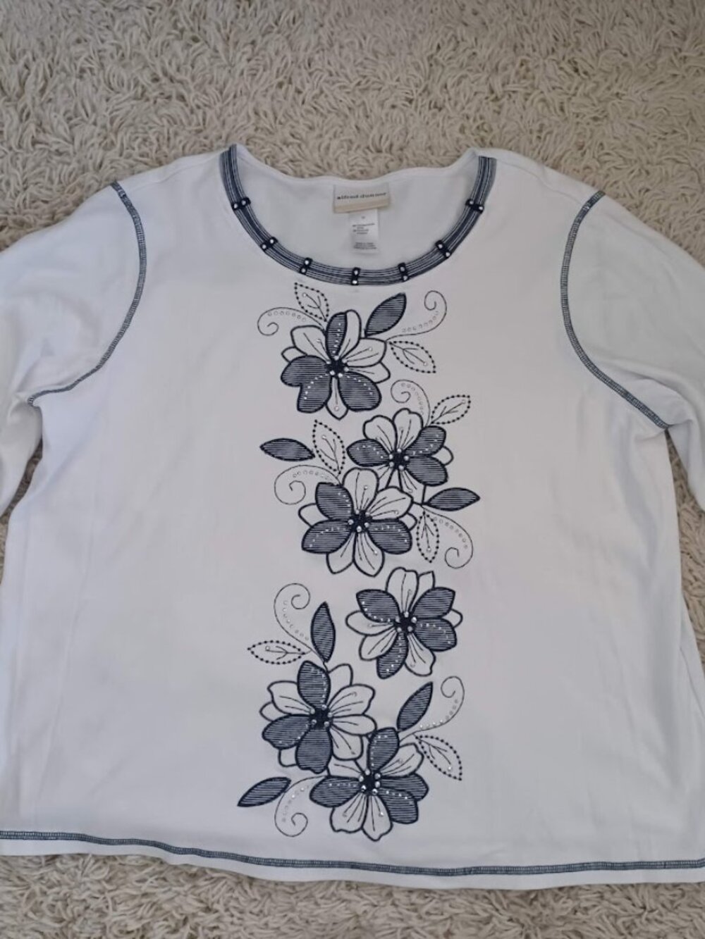 Alfred Dunner Womens 1X White Floral Embellished Top 3/4 Sleeve Plus Size Blouse